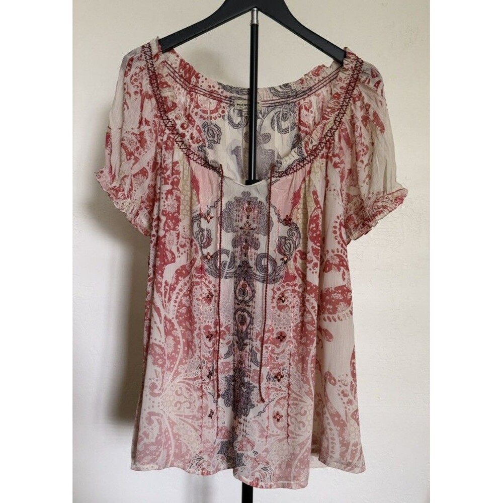 One World 2X Boho Peasant Top Blouse Embroidered Sheer Fairy Hippie Gypsy